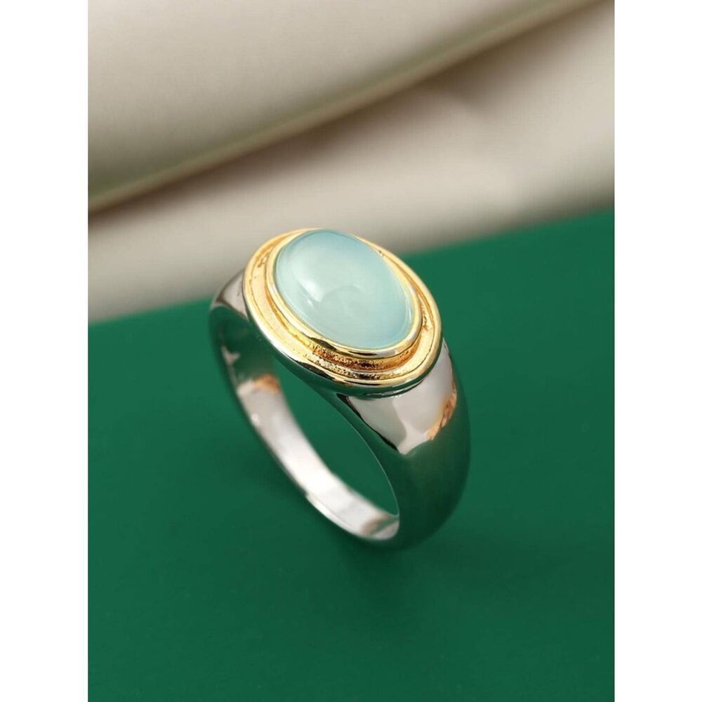 Free People Two-Tone Silver Ring with Light Aqua Cabochon R 468